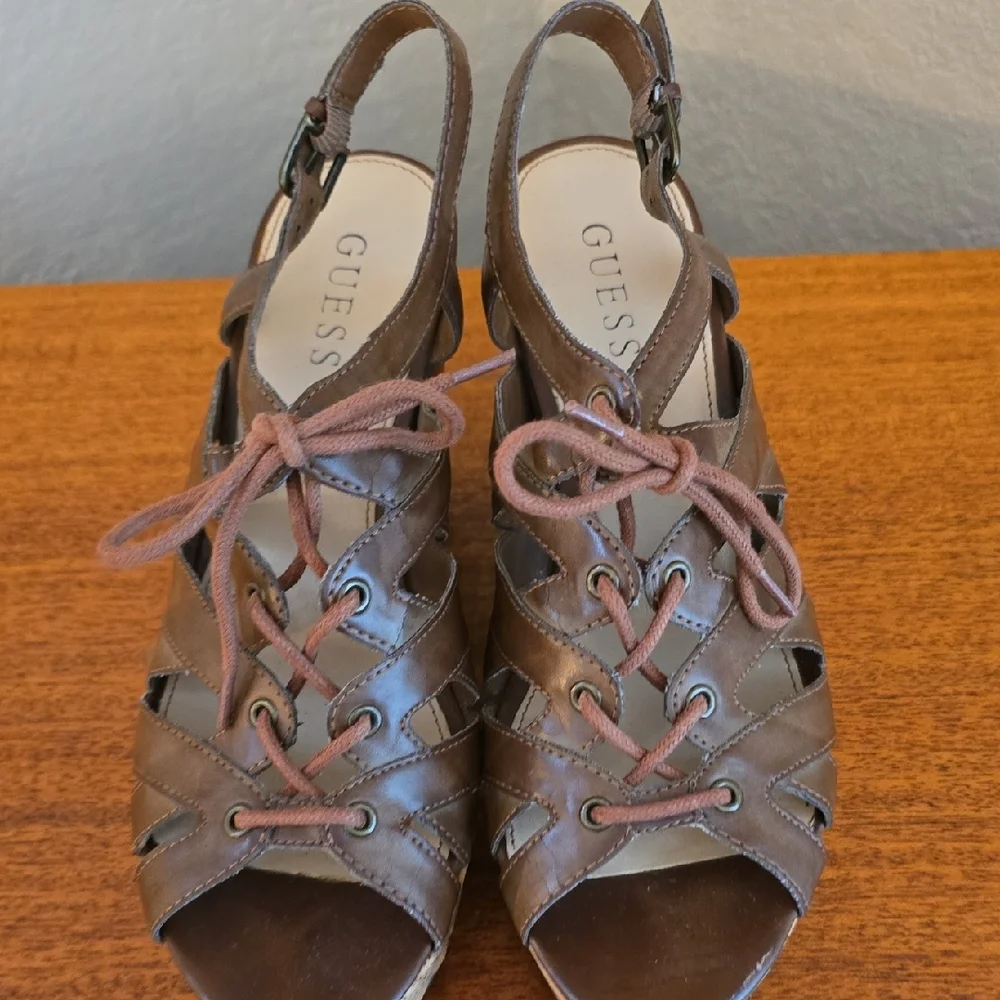 Guess Tan Strappy Lace Up Buckle Wedge Sandals Size 8